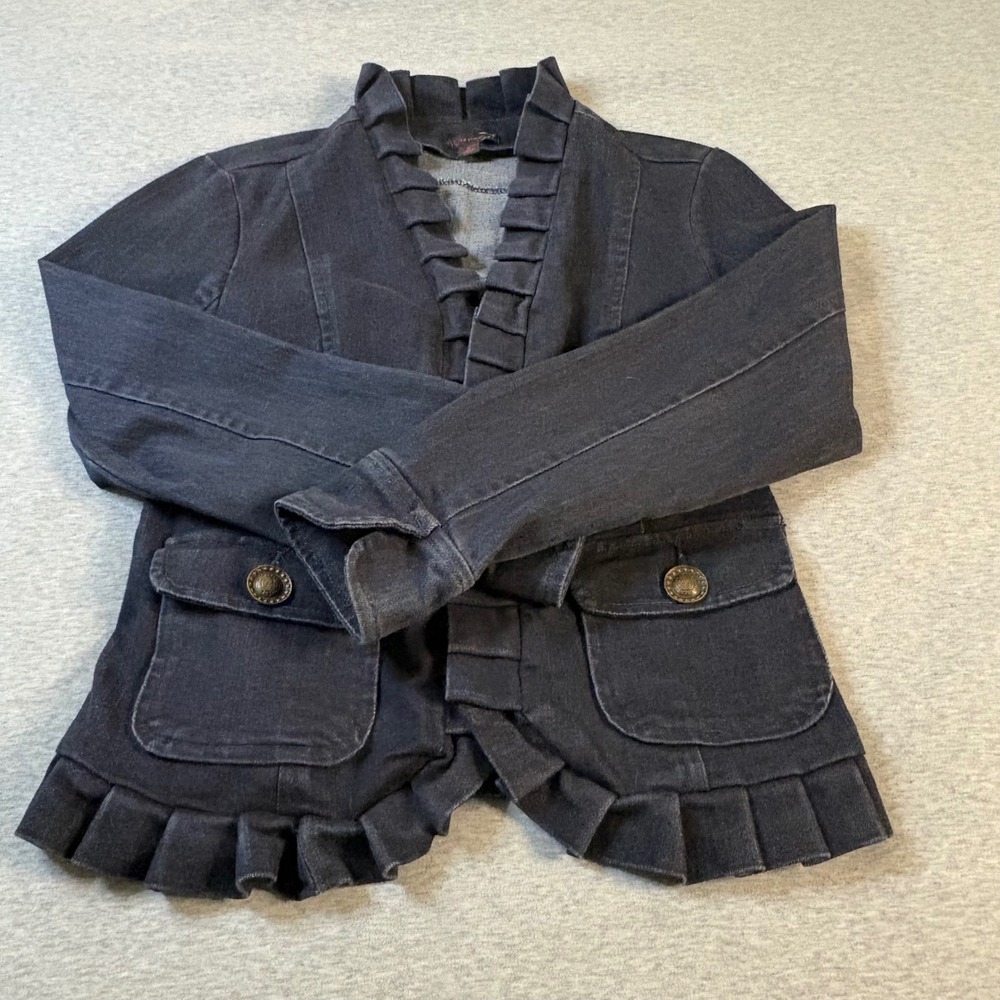 JW Style Women Dark Wash Ruffle Trim Denim Jacket Hook Eye Closure Black Blue M